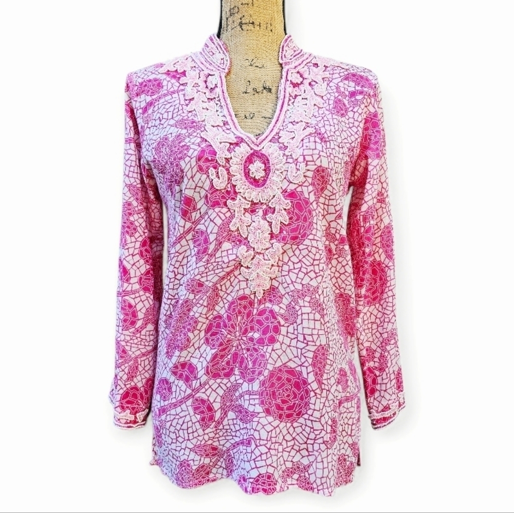 Barbara Gerwit Womens Pink White Floral Embroidered Women's Tunic, Size S